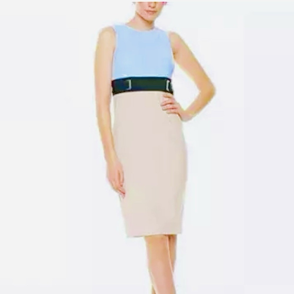 Calvin‎ Klein Blue Beige Buckle Stretch Crepe Sleeveless Sheath Dress Size 6